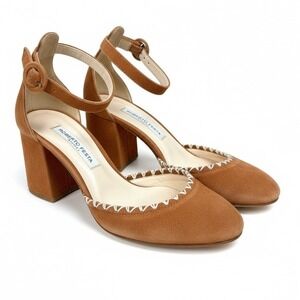 Roberta Festa Tan Suede Ankle Strap Embroidered Detail Block Heel Sandal- 37 / 7